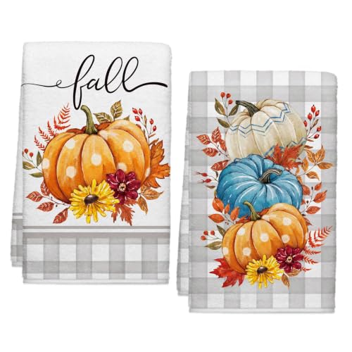 Image of Fall Pumpkin Kitchen Towel Farmhouse Grey Buffalo Plaid Dish Towels Set of 2, Autumn Thanksgiving 18 x 26 Inch Hand Towel Quick Drying Dishcloth Decor for Kitchen Bathroom Home
