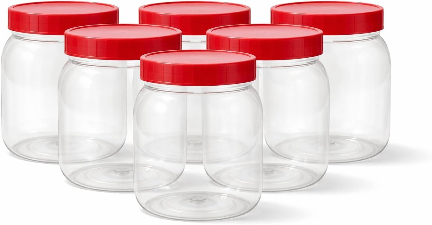 KANSY Plastic Storage Containers Round Clear Spice Jars With Screw Top Lids, Airtight Bpa Free Plastic Mason Jars For Kitchen Pantry, Jam Jars For Crafts And Hardware (6x 750ml)