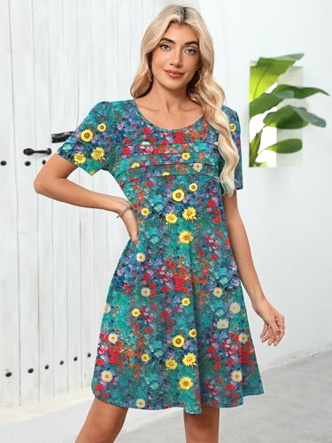 Image of Heymoments Women's Short Sleeve Crewneck Sundress Summer Casual A-Line Beach Dress with Pockets S-2XL