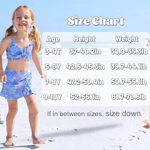 Image of Girls Mermaid Swimsuit 3 Piece Bathing Suits, Adjustable Ruffled Bikini Top, with Cover up Skirt Fish Scale Design for 3-10Y