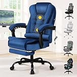 ELFORDSON Massage Office Chair for Home Office, Executive Desk Chair 77 cm High Back 150° Recliner Tilt Function Padded Swivel, Velvet Blue, 2-Point Massage