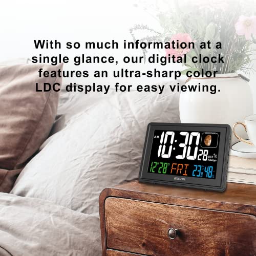 Baldr Atomic Alarm Clock - Large Color Display Digital Desk Clock - With Indoor Thermometer For Temperature & Humidity - Date & Real-Time Moon Phases - Perfect Office Clock Or Nightstand Clock (Black) #TOP1