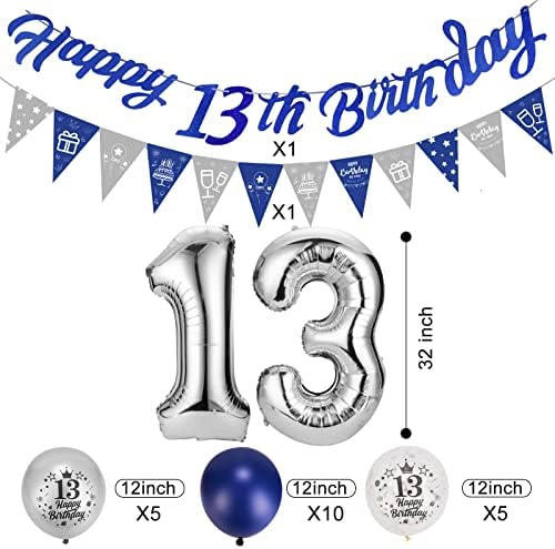 Afirbeone 13th Birthday Decorations for Boys Girls Navy Blue and Silver, Happy 13th Birthday Banner, Triangle Flag Banner, Confetti Latex Balloons and Aluminum Foil Balloons, for Birthday Party