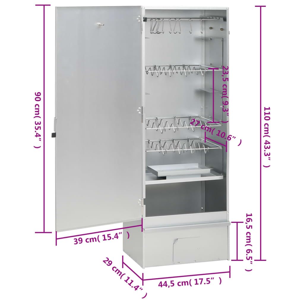 Mangloder - Horno para ahumar con generador de humo frío de acero galvanizado, 44,5 x 29 x 110 cm, 12 ganchos en S, 3 rejillas, termómetro, para carne, pescado y barbacoa al aire libre
