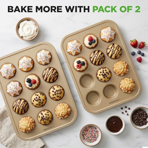 NutriChef Muffin Pans for Baking 2-Pack | Nonstick 12 Mold Cupcake Tins | Carbon Steel Stackable Cup Cake Trays | Dishwasher & Oven Safe | Includes 100 Parchment Paper Liners | 13 x 10 x 1 | Gold by NutriChef - Used condition - Image 4
