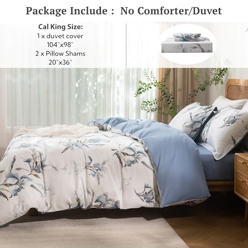 MILDLY Cal King Size Duvet Cover Set 100% Long-Staple Cotton Luxury White & Blue Floral Patten Reversible Comforter Cover Set 3Pcs