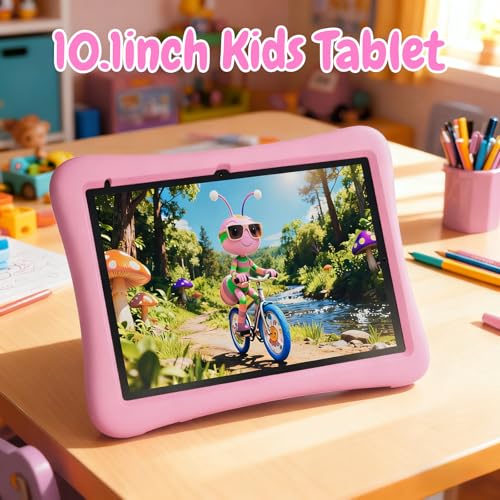 Image of ZZB Kids Tablet 10 Inch, Android 15.0, 8GB (3+5 Extended) RAM 32GB ROM (Expandable to 1TB) Dual Camera 6000mAh Preloaded with Kid-Friendly Apps Tablet with Case,Android Tablets for Kids (Light Pink)