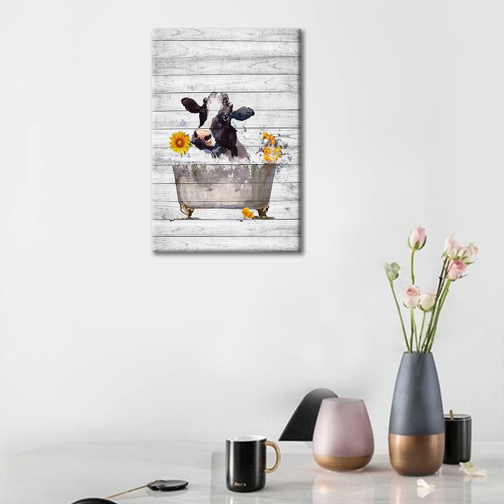 Farm Animal Wall Art Funny Cow Take Shower in Bathtub on Wood Board Canvas Abstract Painting Modern Artwork Framed Ready to Hang for Bathroom Home Living Room Decor 8x12inch (20x30cm) - Image 3