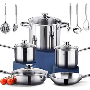 HOMICHEF 14-Piece Nickel Free Stainless Steel Cookware Set – Nickel Free Stainless Steel Pots and Pans Set – Stainless Steel Non-Toxic Cookware Set – Stainless Steel Healthy Induction Cookware Sets