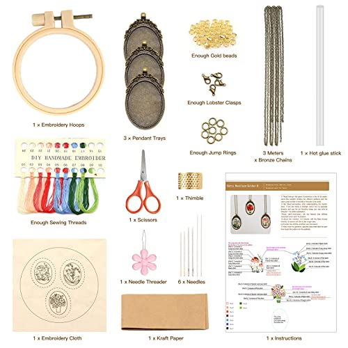 Image of ZOCONE 3 Packs Embroidery Necklace Kit, Embroidery Pendant Kits Mini Cross Stitch Kit with Hoop, Necklace, Pendant, Beads, Stamped Pattern Cloth, Instructions, etc., Embroidery Kits for Adults