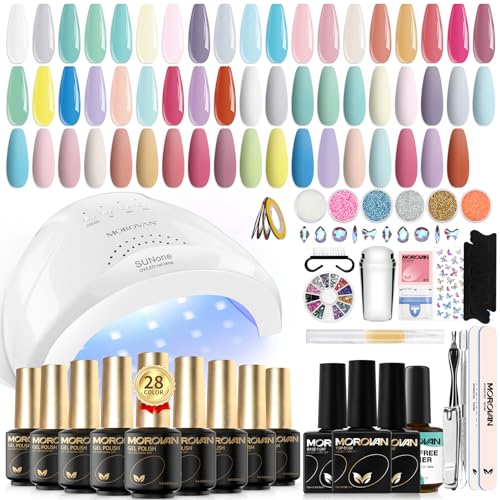 Morovan Gel Nail Polish Kit: 28 Colors Nail Polish Set with U V/LED Light Candy Nude Pink Gel Polish Nail Art Decorations Manicure Tools DIY Salon Home Gifts Tape