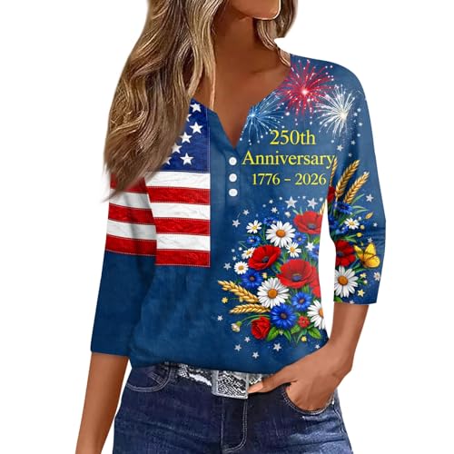 Image of 4th of July Shirts Women 3 /4 Length Sleeve Womens Tops Henley Neck Casual Patriotic T Shirts