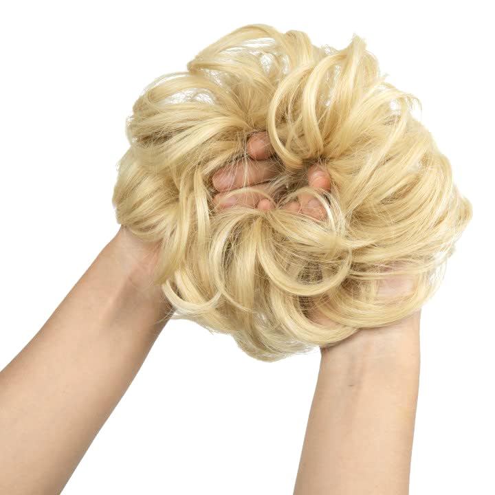 2PCS Beach Blonde Updo Messy Bun Hair Hair Piece Synthetic Wavy Curly Scrunchies Ponytail Extension,Synthetic Donut Updo Hair Pieces for Women Girls - Image 4