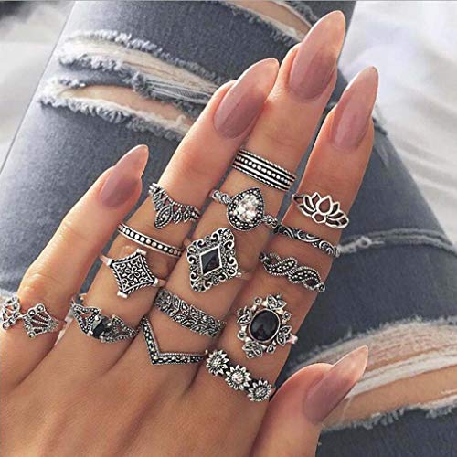 Tgirls Boho Flower Knuckle Rings Set Vintage Crown Stacking Ring Black Rhinestone Finger Jewelry for Women and Girls