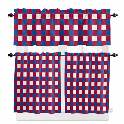 4th of July Kitchen Curtains 24 Inch Length,3 Piece Rod Pocket Small Half Tiers and Valance Set,Independence Day Red Blue White Plaid Checkered Small Large Window Treatment Decor for Bedroom/Bathroom