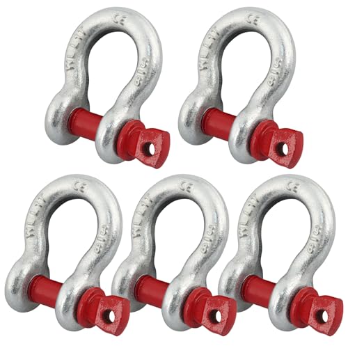 ZORUNNA 5 Pcs 3/8 D Ring Anchor Shackles Galvanized Screw Pin Galvanized Screw Pin Heavy Duty Shackle for Tow Strap/Winch/Traction Steel Wire/Vehicle Recovery 1 Ton (2204 lbs) Working Load Limit