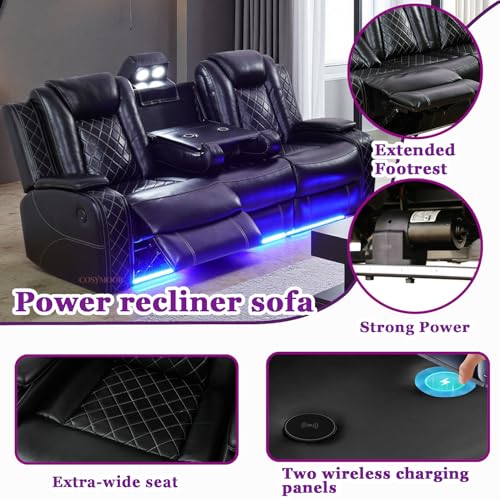 Image of Power Recliner Sectional Sofa Couches with LED Lights for Living Room, Black Leather Wall Hugger Reclining Corner Couch Sets with 4 Home Theater Seat, USB Port, Cup Holder, Storage Console