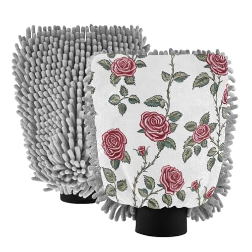 ALAZA Retro Rose Flowers Car Wash Mitt Scratch Free, 2 Pack Absorbent Microfiber/Chenille Washing & Drying Mitts, L