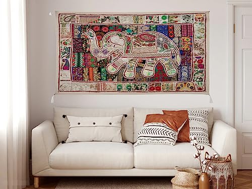Image of Ekam Art Rajasthani Handmade Heavy Elephant Embroidery Cotton Patchwork Tapestry Cotton Wall Decor Hanging Beaded Tapestries Home Living Room Decor 40 x 60 Inch (Off White)
