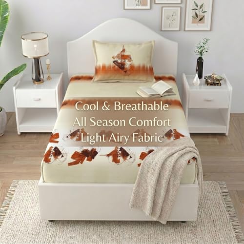 Image of Mafatlal 186 TC Autumn Delight Graceful Pure Cotton Single Flatsheet (60 x 90 Inch) | Breathable Summer Comfort | Wrinkle-Free Floral Bedsheet with 1 Pillow Cover, Beige Brown