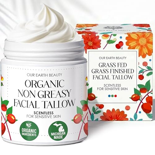 Organic Beef Tallow Face Cream Moisturizer for Skin Unscented | Grass Fed Finished Whipped Balm for Dry, Fine Line, Mature, and Sensitive-leaning Skin Types | Made in USA (4 Fl Oz Ounce)