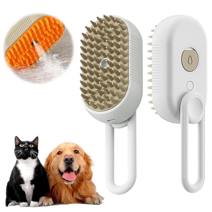 Cat Steam Brush, 3 In 1 Steamy Cat Brush with Release Button and Tank, Anti-Static Pet Spray Hair Removal Comb, Rechargeable Steam Dog Comb for Furry Pet (White& Khaki)