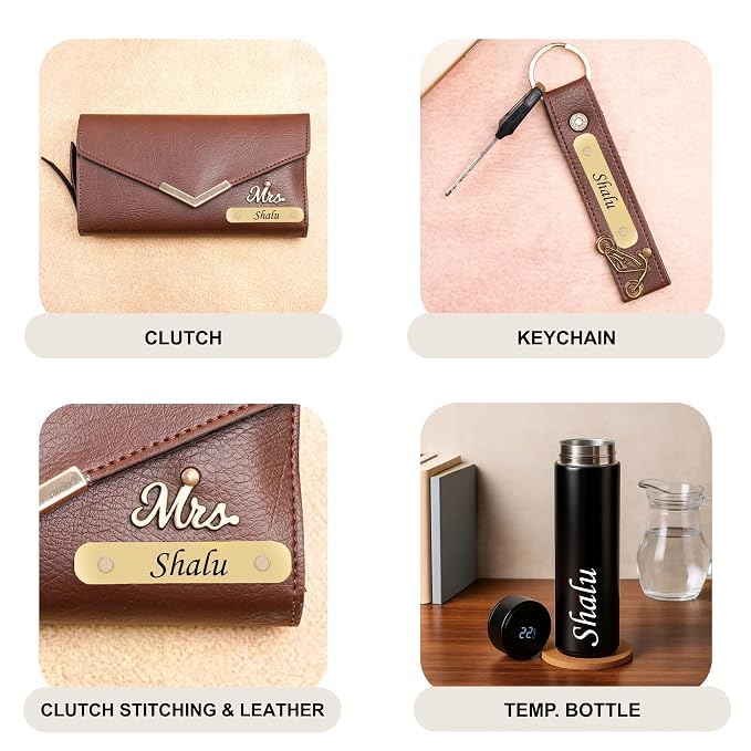 Image of WALLETKART Personalized Leather Women's Clutch with Name & Charm | Customized Clutch for Girlfriend Friend Wife Mother & Sister