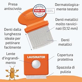 Pettine antipidocchi e lendini 3-in-1 professionale in acciaio inox extra fine con lente, per bambini e adulti. Antiforfora. Antipulci cane e gatto