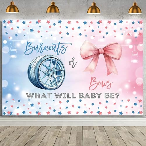 MEHOFOND 10x7ft Burnouts or Bows Gender Reveal Backdrop Boy or Girl What Will Baby Be Photography Background Pink and Blue Stars Gender Reveal Baby Shower Party Decorations Banner Photo Booth Props
