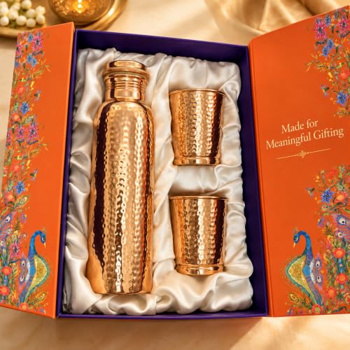Image of Copper-Master Pure Copper Water Bottle 1L & 2 Glasses Set, Hammered
