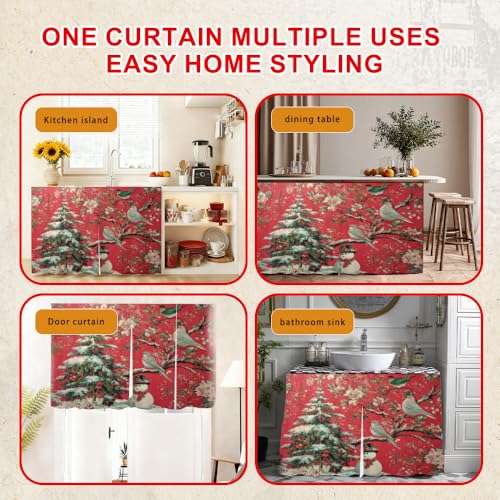 Image of Self Adhesive Red Bird & Pine Tree Cabinet Curtain for Mother's Day, 39x28 Inch Vintage Floral Under Sink Skirt No Drill, Spring Cleaning Kitchen Decor, Hook and Loop Laundry Valance
