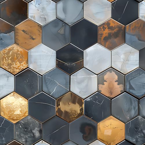 LaCheery Distressed Hexagon Geometric Wallpaper Peel and Stick Grey Gold Backsplash Tile Wallpaper for Kitchen Bathroom Wall Paper Waterproof 3d Hexagon Tile Contact Paper for Walls Cabinets 17.5'x79'