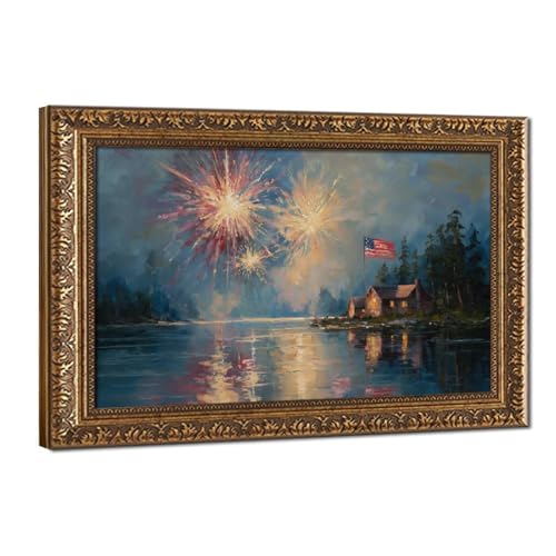 Independence Day Patriotic Wall Art Vintage American Flag Fireworks Gold