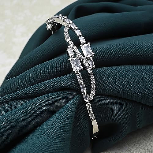 Image of ZENEME Rhodium-Plated American Diamond Studded Flower Patterned Kada Bracelet For Girls and Women