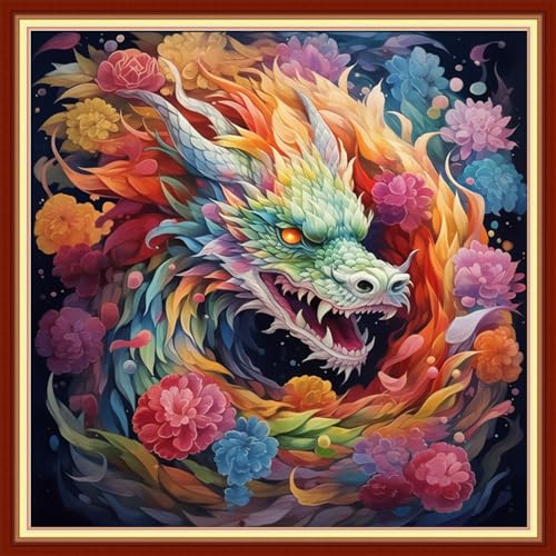 Image of Dimxvean Stamped Cross Stitch Kits,Cross Stitch Kits for Adults Beginners,Embroidery Kits Full Range of Cross Stitch Stamped Kits Needlepoint Kits Cross Stitch Patterns-Colorful Dragon 18x18 inch