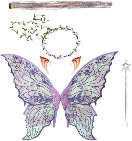 Fairy Wings for Adults and Girls?Fairy Costume Set with Floral Garland, Fairy Hair Tinsel, Wand & Elf Ears – 29"x21" Organza Butterfly Wings – Ideal for Cosplay, Party, Purple