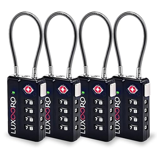 Tool-Less TSA Approved Luggage Lock with Alert Indicator, 4-Digit Resettable Combination, Durable Zinc Alloy Travel Locks for Suitcase, Backpack, Toolbox, Locker, Keyless – Black (4 Pack)