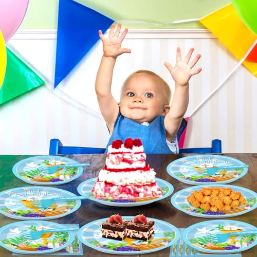 Image of Qyeahkj 100 Pcs Baptism Plates and Napkins, First Holy Communion Party Blue Paper Disposable Tableware Decorations for Boys God Bless Decor for Christening Celebration Party Baby Shower, Serves 25