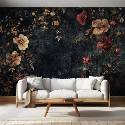 Papier peint noir fleuri grand format pour camoufler les imperfections et embellir le salon