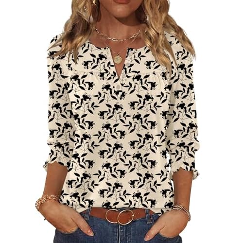 AKEWEI 3/4 Length Sleeve Womens Tops 2026 Fashion Summer Tops for Women Crewneck Casual Loose Fit Pleated Top Apricot Black Floral Small