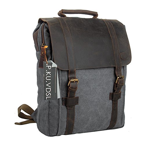 Canvas Backpack, P.KU.VDSL 15" Laptop Backpack Vintage Canvas and Leather Rucksack Travel Bag Daypacks for Men Outdoor Sports Recreation (Grey-20)