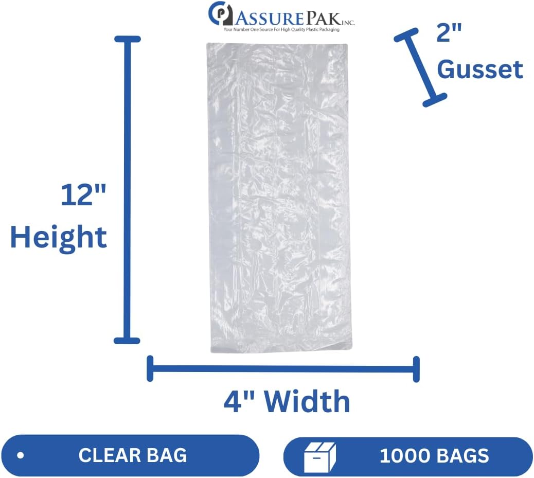 ASSUREPAK Clear (Natural Color) LDPE Poly (No Venting Holes) - 4"x2"x12" - 1000 Bags - 0.95 mil - Clear - LDPOLY4212WF