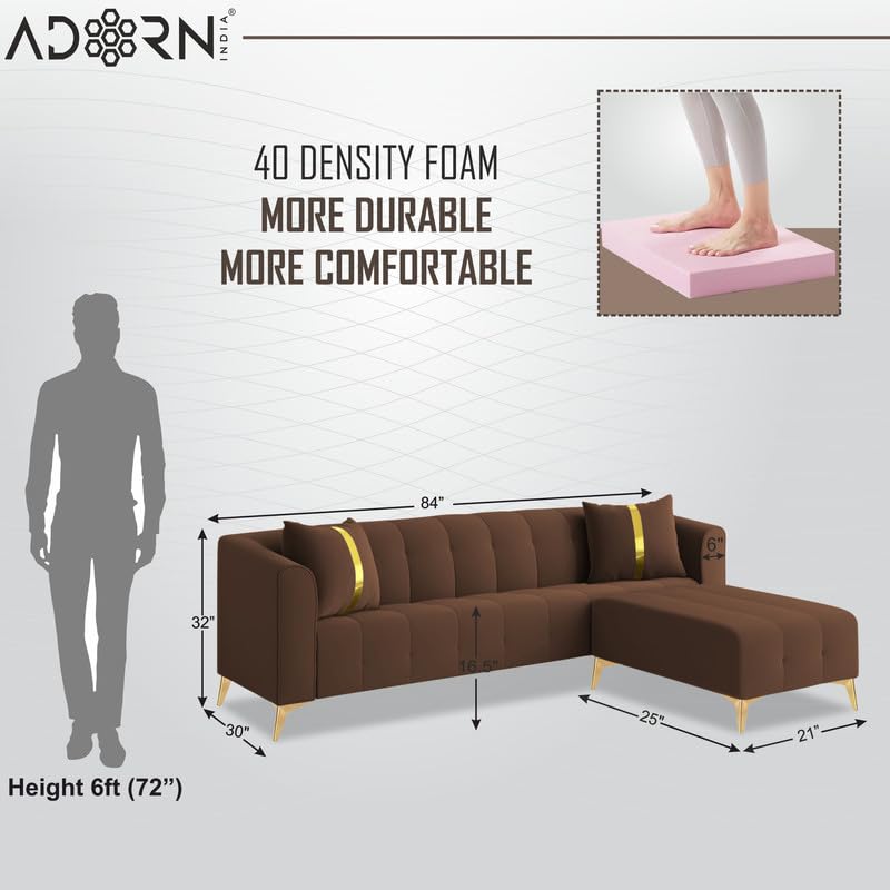 Image of Adorn India Premium Mystic - 3 Years Warranty - L Shape 5 Seater Sofa Set Velvet Suede Fabric - Brown