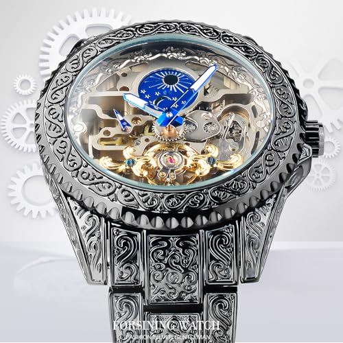FORSINING Vintage Watch for Men Engraved Automatic Self-Wind Mechanical Big Dial Luminous Moon Phase Golden Hollow Tattoo Pattern Wrist Watches, Mechanical