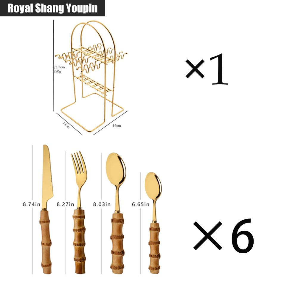 Featured Genuine Bamboo Handle Kitchen Stainless Steel Silverware Tableware Flatware Cutlery Knives Forks Spoons Set Home Steak Knife Dessert Spoon (Gold,24 pieces/cutlery rack)