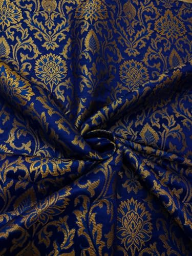 Brocart en satin de soie bleu roi et jacquard doré pour haute couture