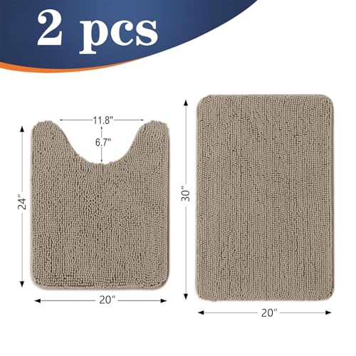 Image of OLANLY Bathroom Rugs Sets 2 Piece, Soft Absorbent Chenille Bath Mats and U-Shaped Contour Toilet Mat Area Rug Set, Machine Washable Bath Carpet, Home Decor Accessories(30 inchx20 inch+24 inchx20 inch, Warm Taupe)