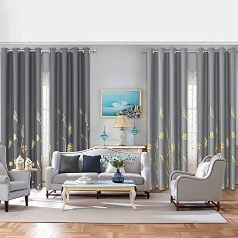 Estelar Textiler Gold Palm Leaf Print Dark Grey & Grey Blackout Curtains, 52Wx84L, 4 Panels Cover