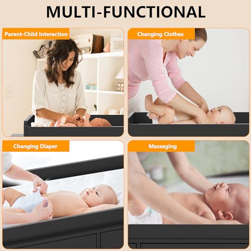GarveeHome Dresser for Bedroom with 6 Drawers, Changing Table Dresser with Power Outlets, Soft Changing Pad & Removable Top, Baby Changing Table Top for Nursery - Black
