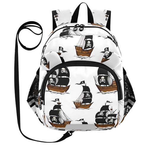 Pirate Ship Skull White Toddler Harness Backpack for Boys Girls 3-6 Years Kids Backpack with Anti Lost Safety Leash Baby Travel Bag for Preschool Travel Walking